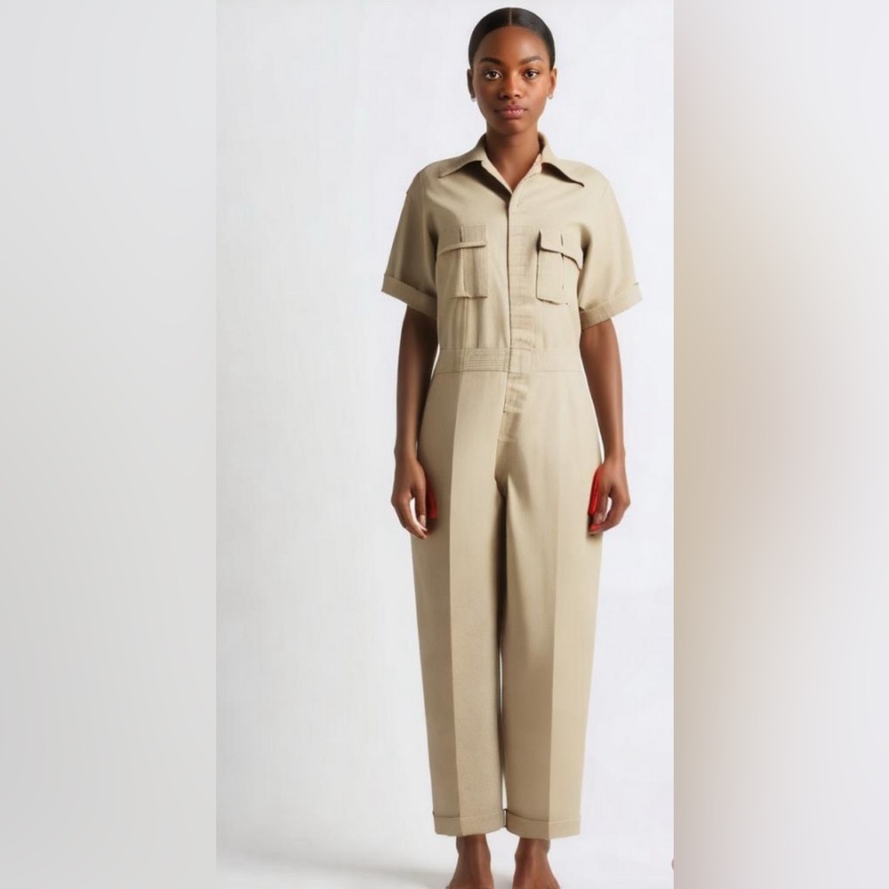 EUC VINTAGE Chic Beige small white stripes Jumpsuit with Pockets
